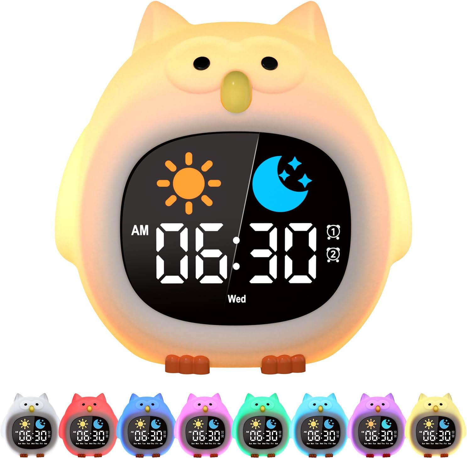 (11x11cm) 3in1 Silikon Wecker Kinder LED Nachtlicht Schlaf Trainer Uhr mit Sonne / Mond - Eule
