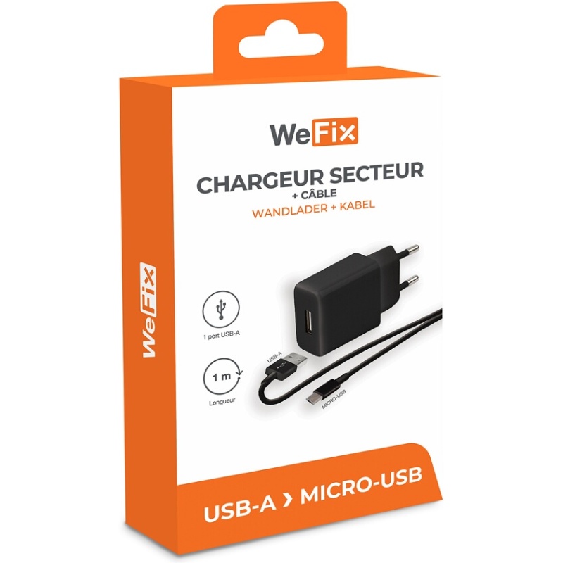 Chargeur pour téléphone mobile Wefix CHARGEUR SECTEUR + Câble Micro USB Noir