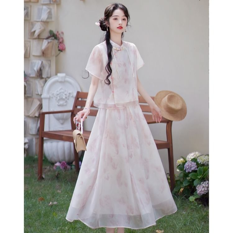 Fioridi - Hanfu-top met korte mouwen en bloemenprint, kikkerknoopjes en hoge taille, midi-A-lijn rok