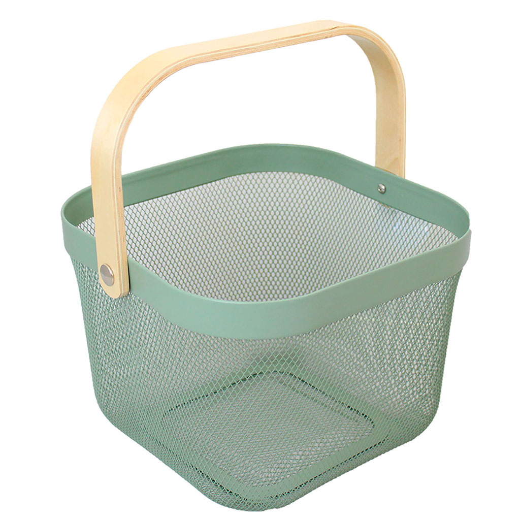 Panier de rangement grille métal et anse bois vert 25x18x25cm