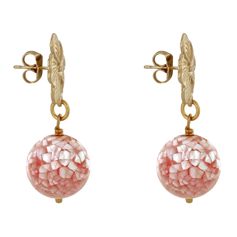 Boucles d'Oreilles Clous Métal Doré Fleur et Perle de Nacre Facettée