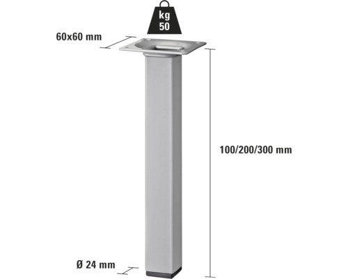 Tarrox tafelpoot, vierkant, 25 x 25 x 100 mm, zilver