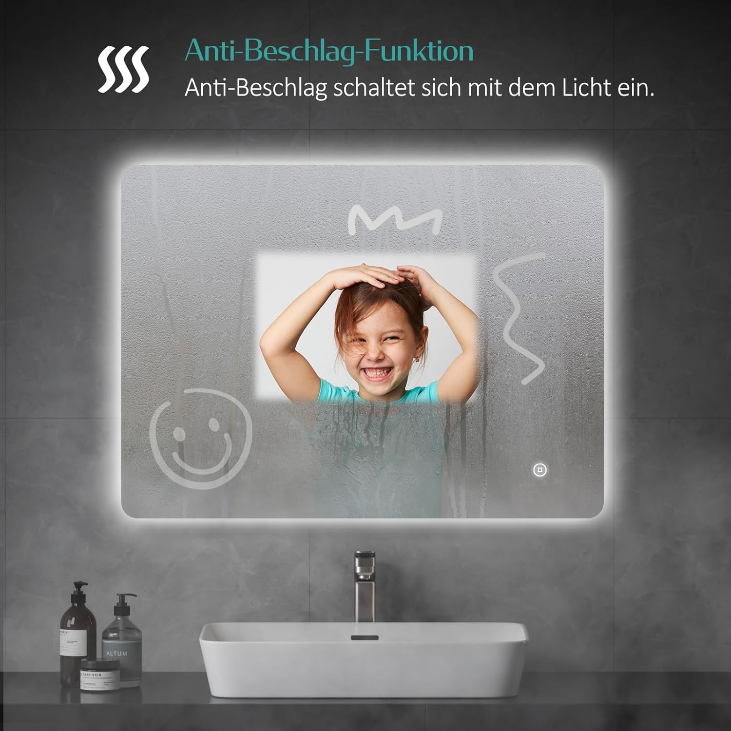 EMKE Badspiegel mit Beleuchtung 80x60cm Badezimmerspiegel mit 3 Lichtfarbe Dimmbar Wandspiegel, Touch, beschlagfrei, 3 Stunden automatische Abschaltung