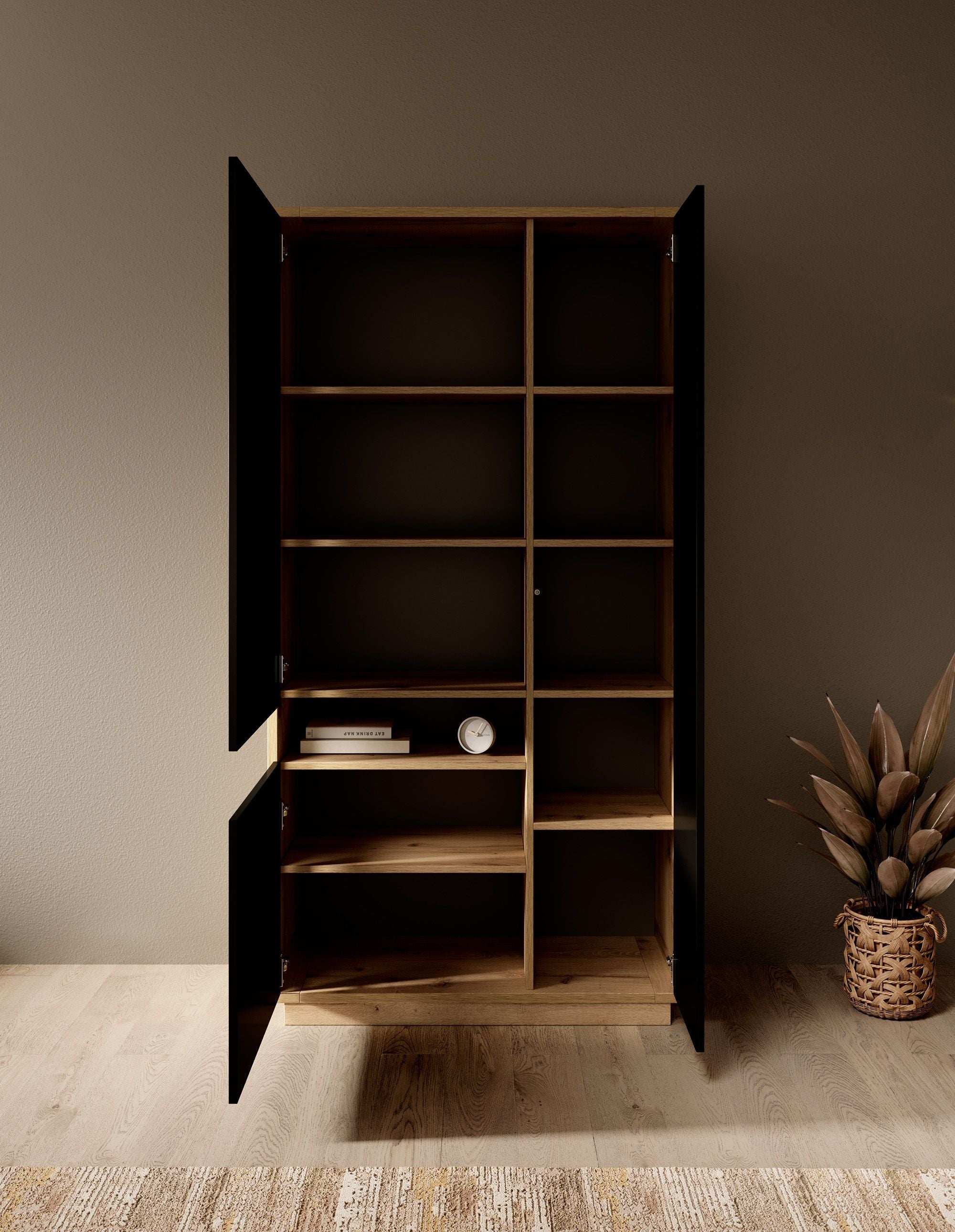 Meubella - Vitrinekast Acuna - Mat zwart - Eiken - 92 cm