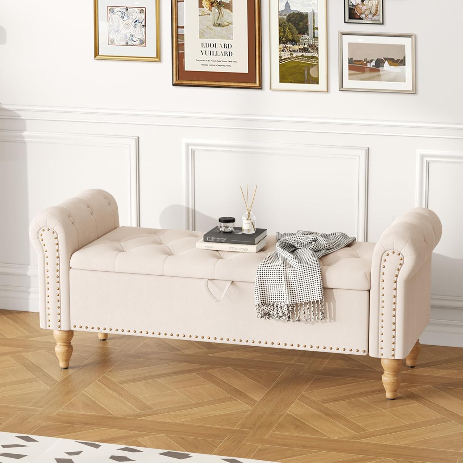 Sitzbank mit Stauraum, Bettbank Aufbewahrungsbox Fußbank 132 x 45 x 53 cm, Polsterbank mit Beinen für Wohnzimmer Schlafzimmer Flur, Beige