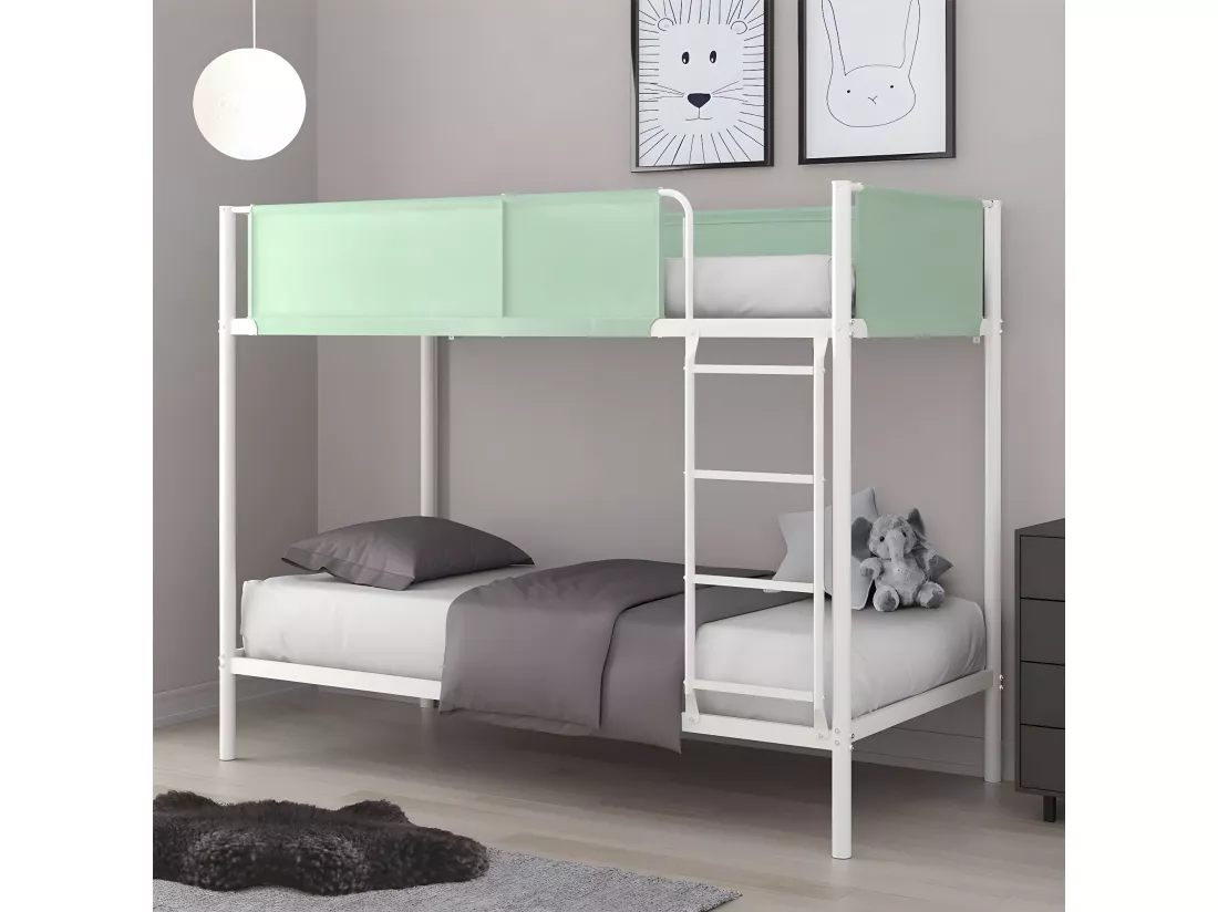 Lits superposés en métal et tissu vert avec sommier - couchage 90 x 190 cm - BROS