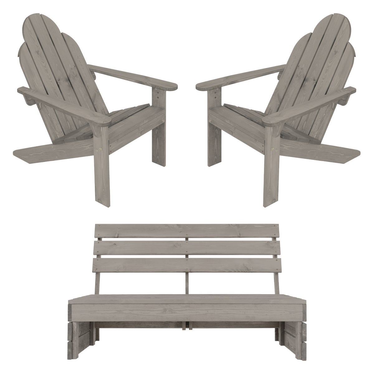 ECD Germany 3-delige tuinmeubelset, 3-zits tuinbank met 2 Adirondack tuinstoelen, massief hout, grijs, bank met rugleuning, parkbank, houten bank, loungeset, tuinfauteuil, fauteuil
