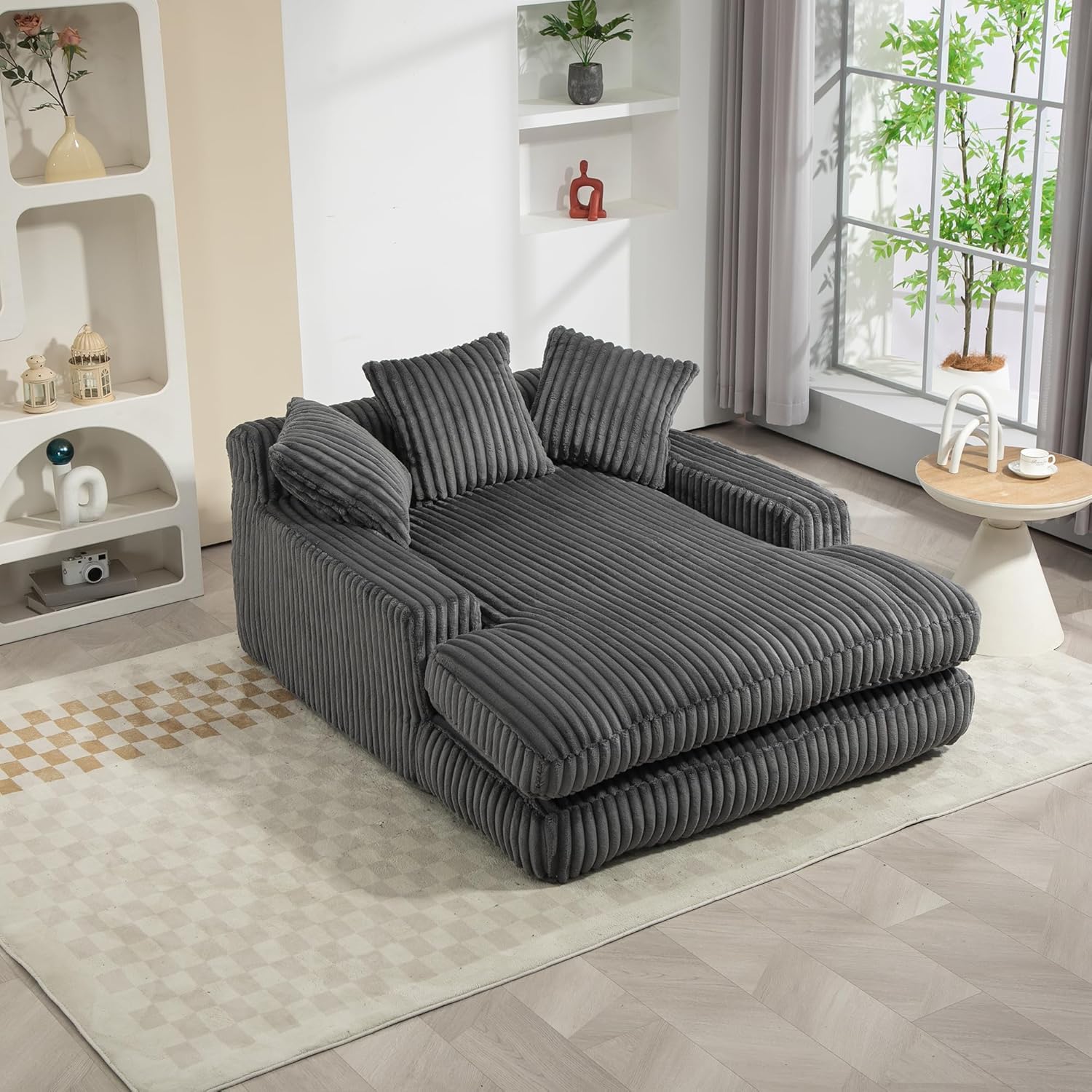 Cord Schlafsofa, Couch mit Armlehnen, Cloud Couch mit 3 Weichen Kissen, Bequemes Einzelsitz-Bodensofa, Loungesofa, Schlafsessel für Wohnzimmer, Schlafzimmer, Büro, 125x155x63 cm, Grau