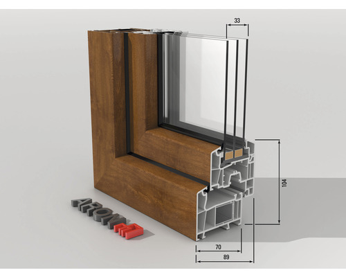 ARON Basic uPVC raam, 2-ruits, wit/gouden eik, 1500x500 mm