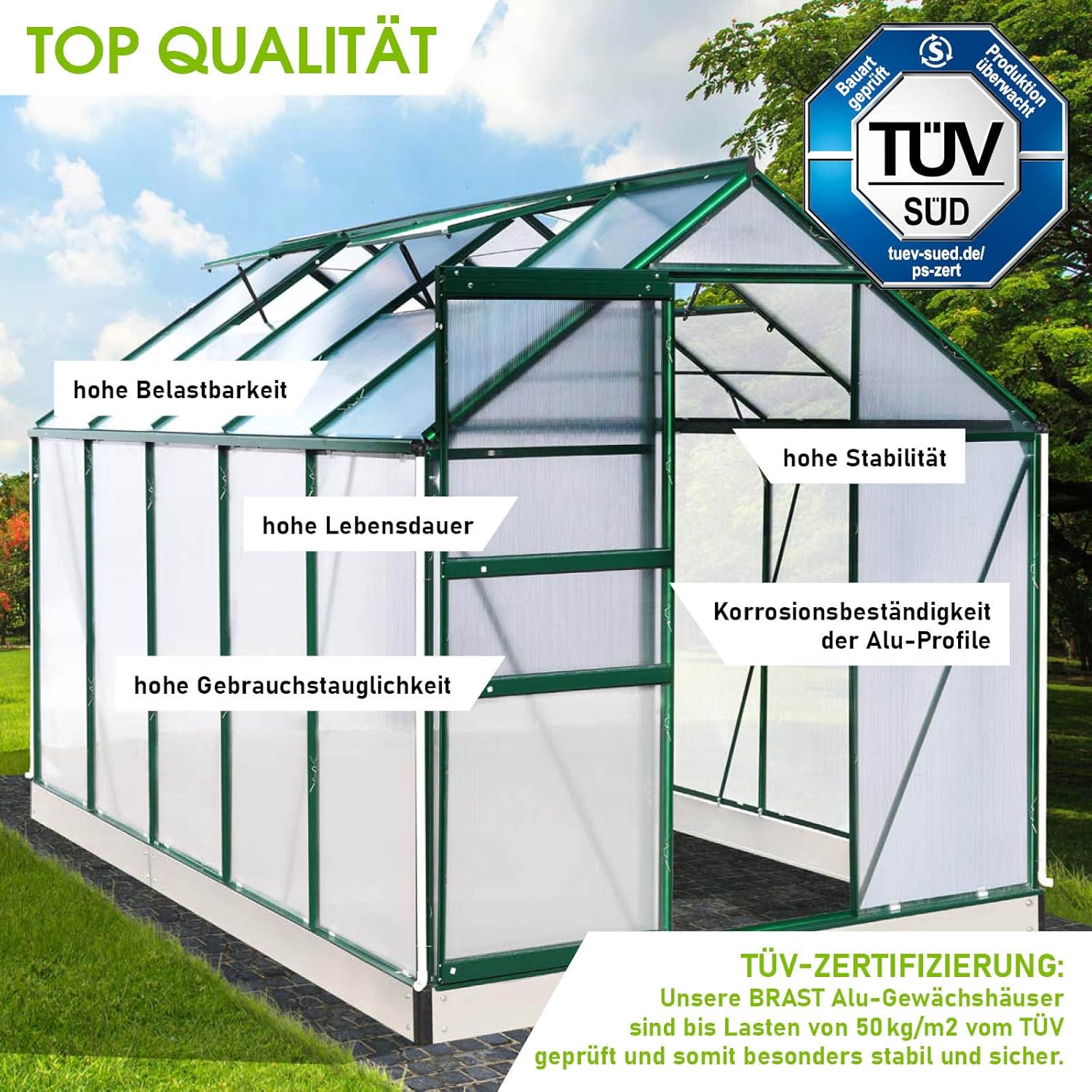 BRAST Gewächshaus Aluminium mit Fundament | 42 Modelle | 130x190x195cm - 490x250x235cm | TÜV geprüft | 6mm Hohlkammerplatten | rostfrei wetterfest temperaturbeständig | 310x190x195cm Grün