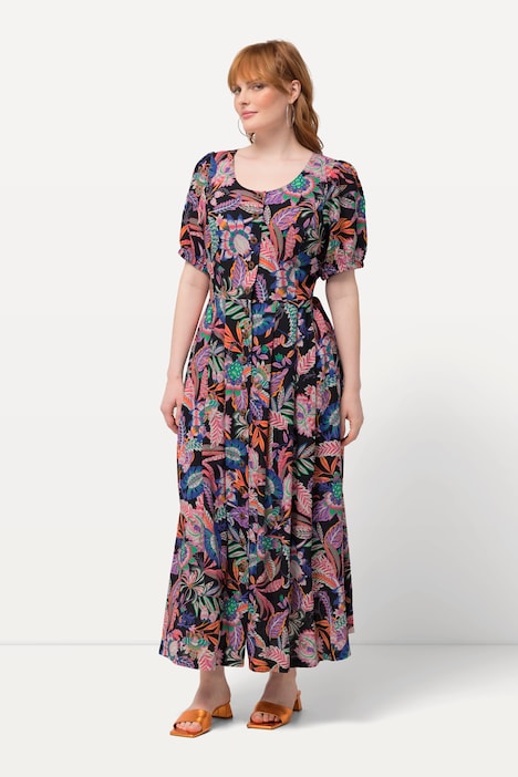 Kleid, Blätter, Leinenmix, Rundhals, Halbarm