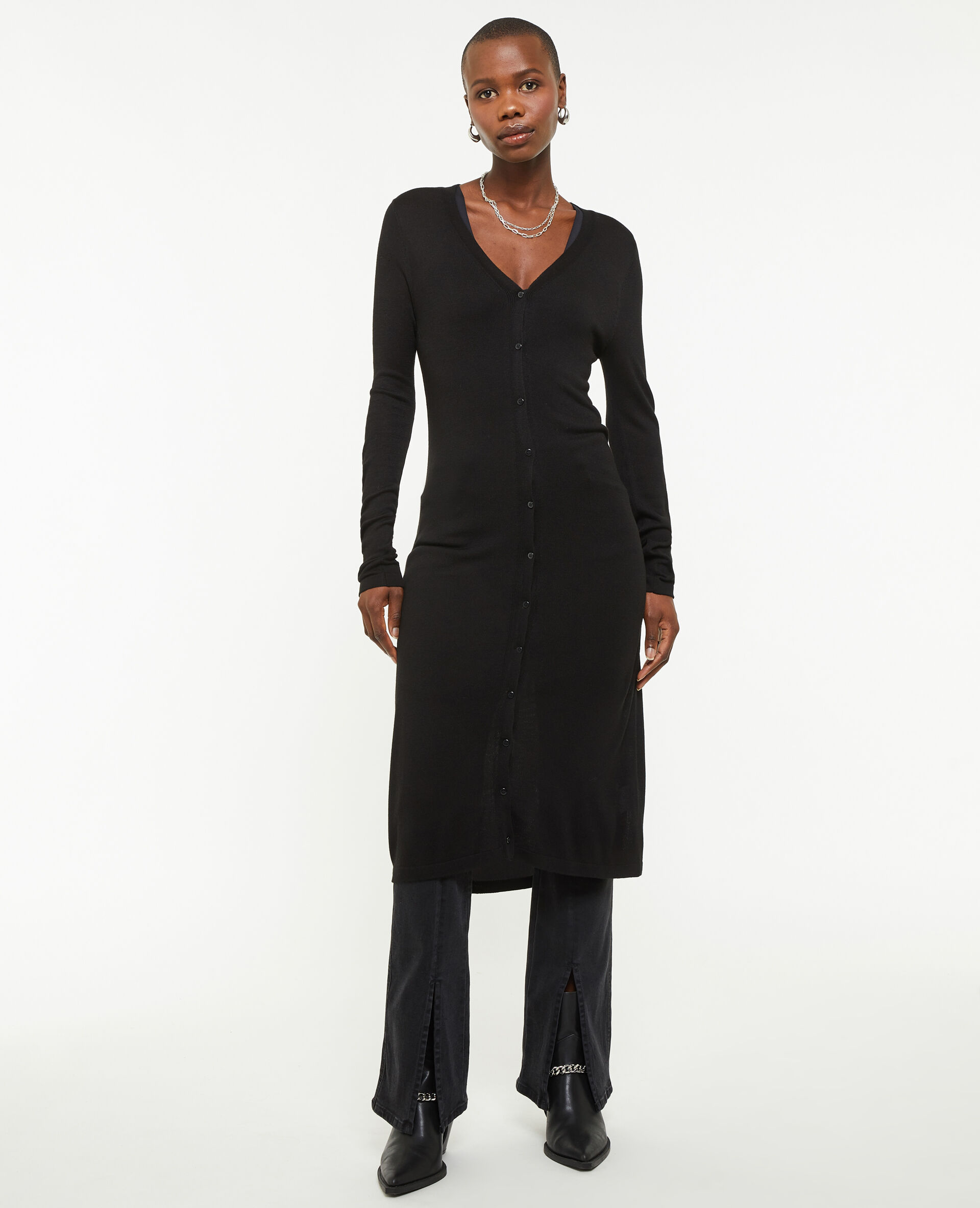 Robe longue boutonnée en maille - Noir