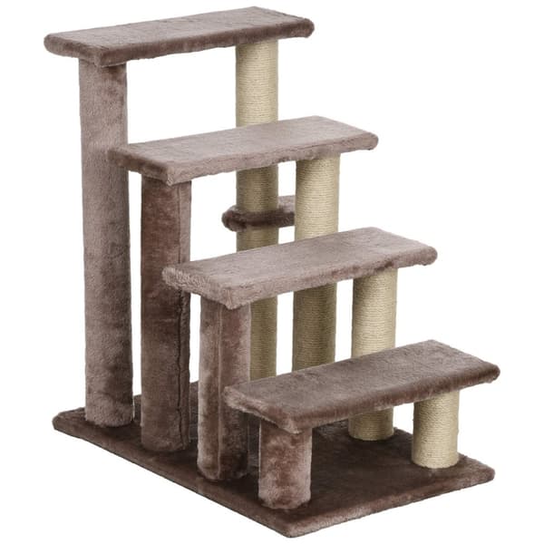4-trinns kattetrapp med skrapestolpe, opptil 5 kg, kjæledyrtrapp med lekeball, hundetrapp, dyretrapp, plysj, brun, 60 x 40 x 64 cm