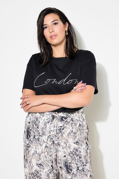 T-Shirt, oversized, gesticktes Glitzer-Statement