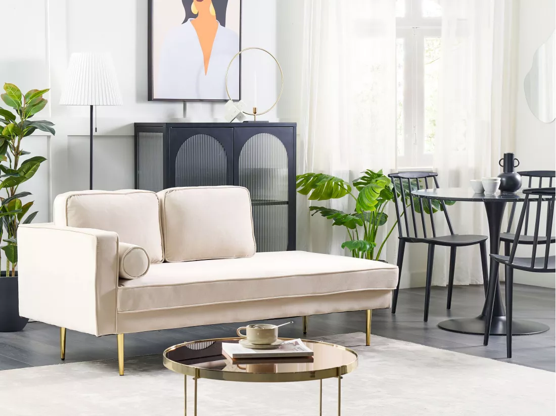 Chaise longue côté droite en velours beige MIRAMAS