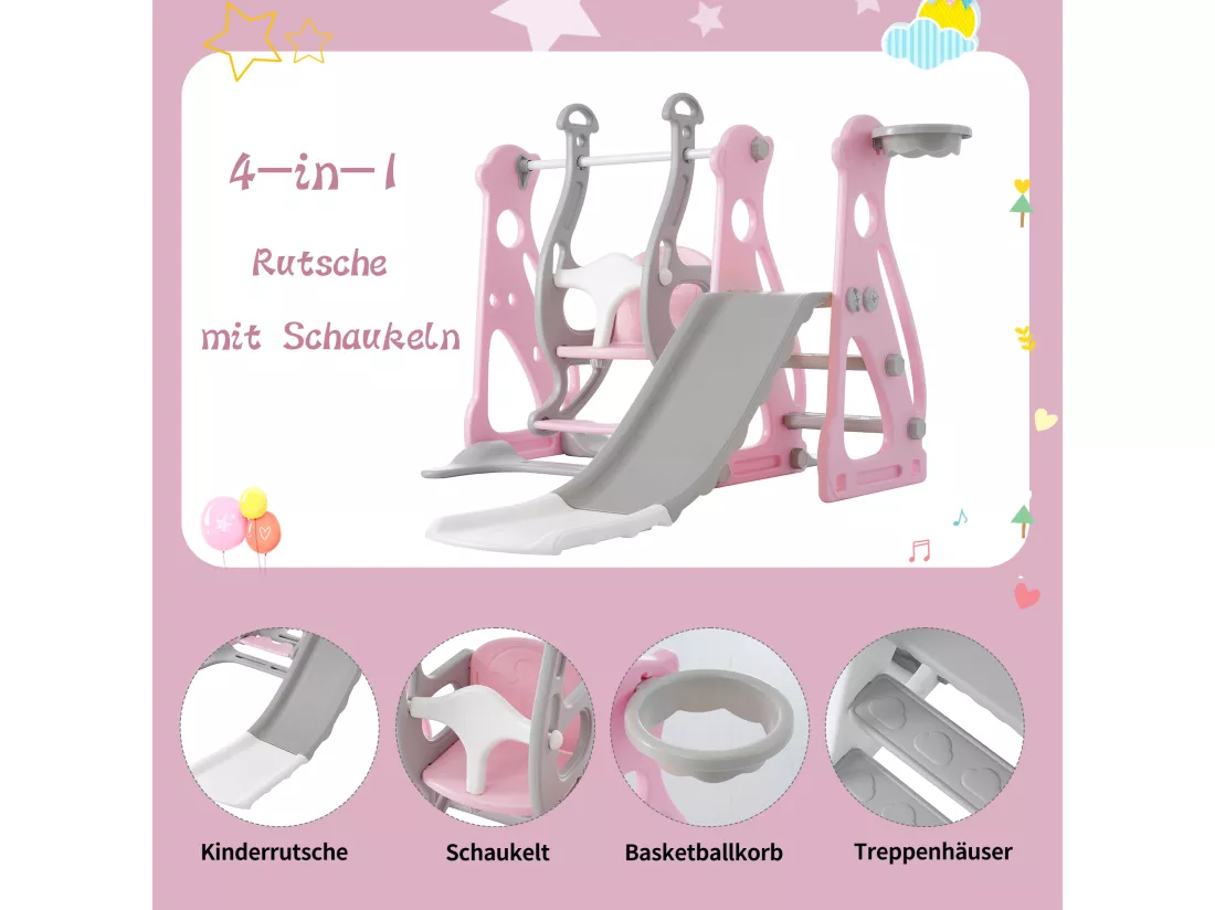 Toboggan balançoire 4 en 1 pour enfants - 113 x 100 x 94cm - en HDPE - avec escaliers et cadre de basket - Rose