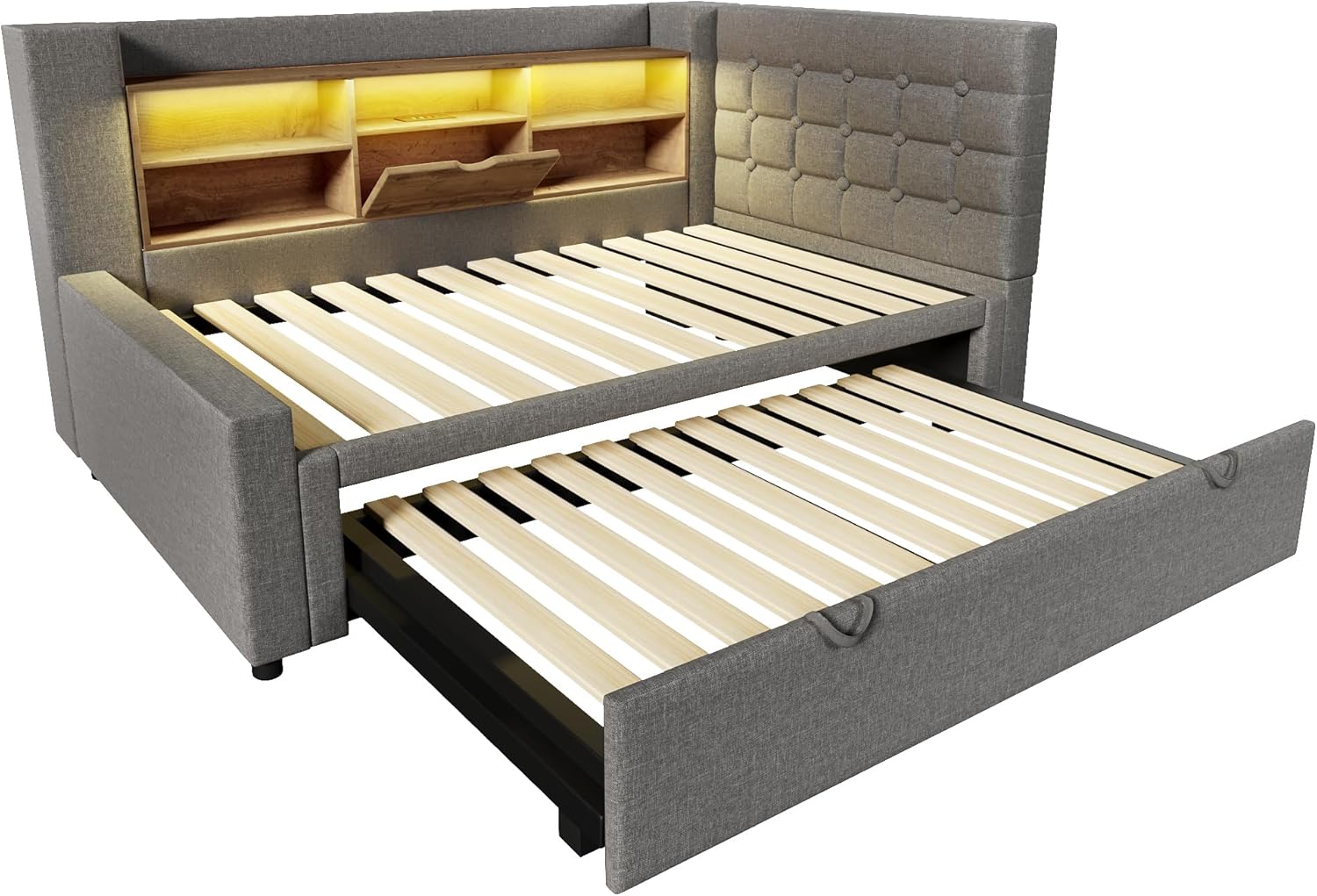 Kebnor Polsterbett Bett 90x200 cm mit Ausziehbett 90x190, und LED-Beleuchtung,Struraumbett, L-förmigem Kopfteil mit Stauraum, beidseitig montierbar, Lattenrost, Leinen(Ohne Matratze) (Grau)