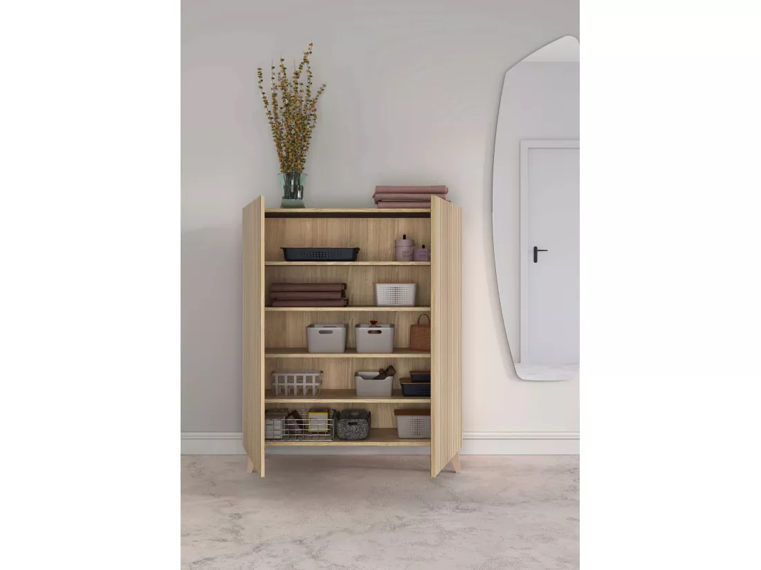 Meuble à chaussures/rangement - H109cm x L90cm x P27cm chêne doré portes impression lattes - Narvik