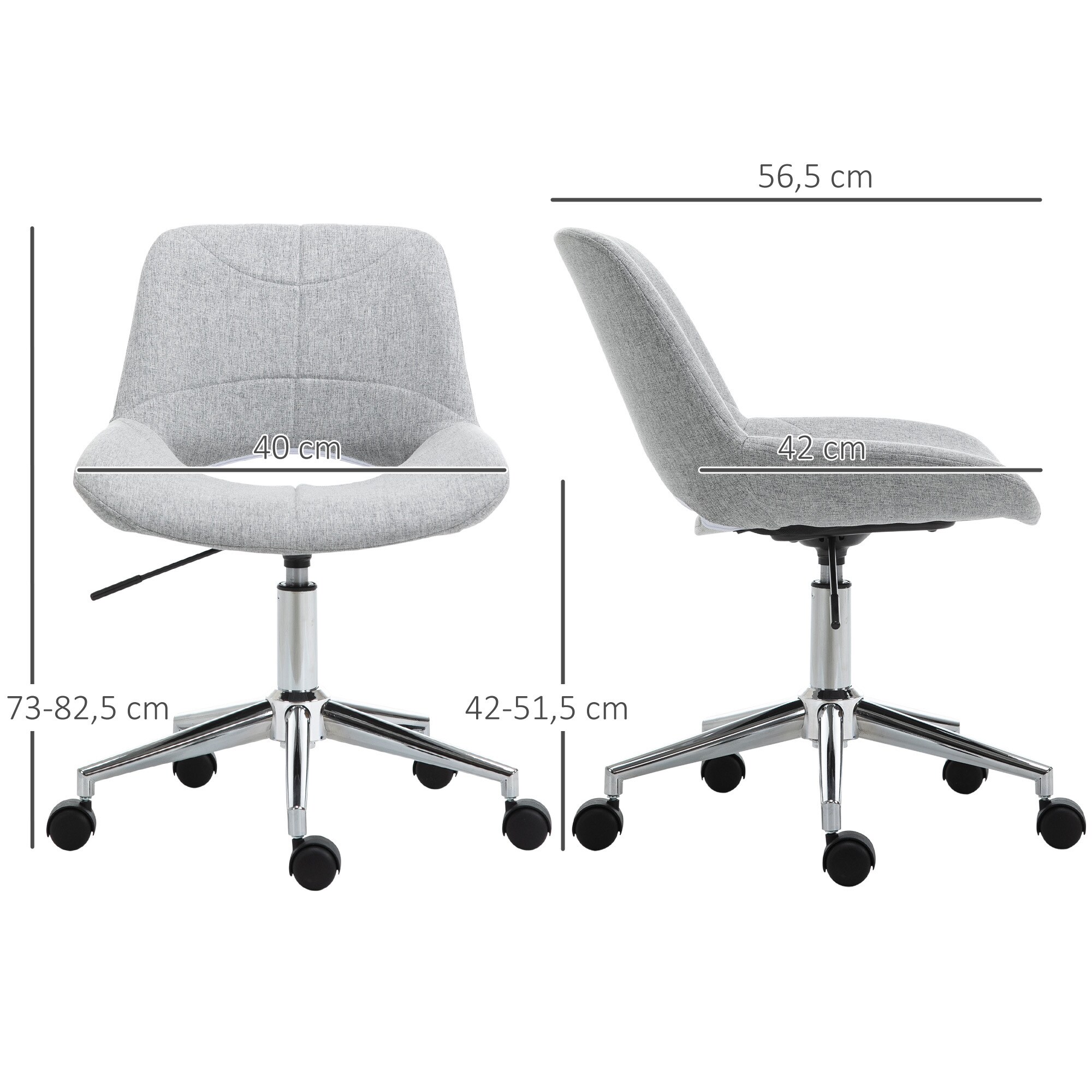 HOMCOM Höhenverstellbarer Bürostuhl mit Metallfuß und Rollen grau 49L x 56,5B x 73-82,5Hcm