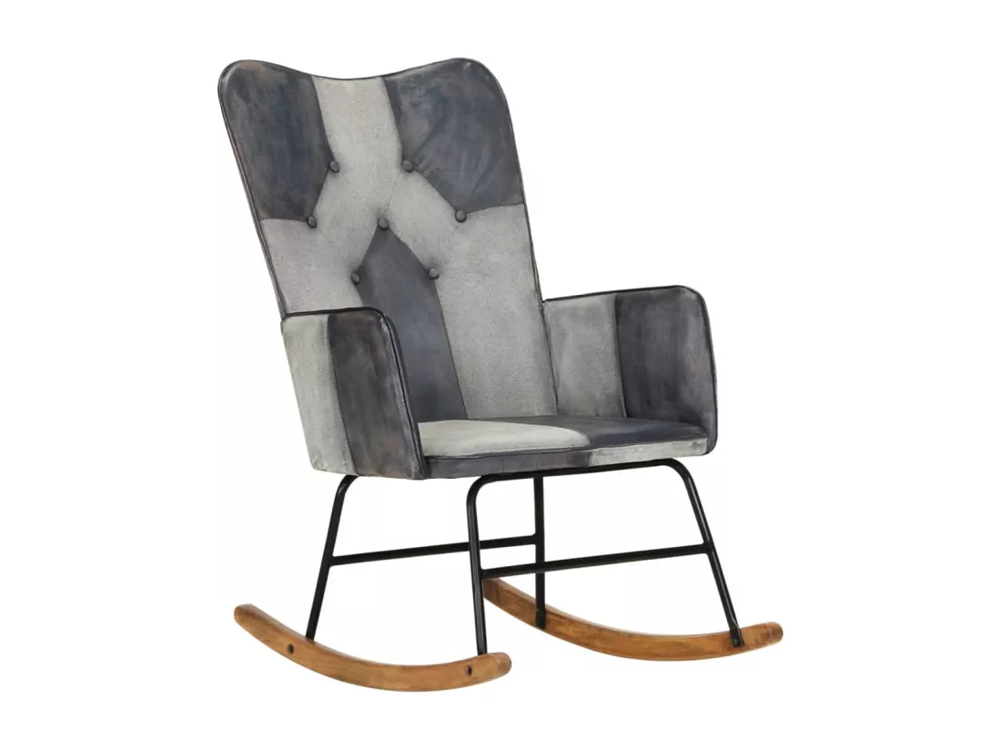 Chaise à bascule Gris Cuir véritable et toile