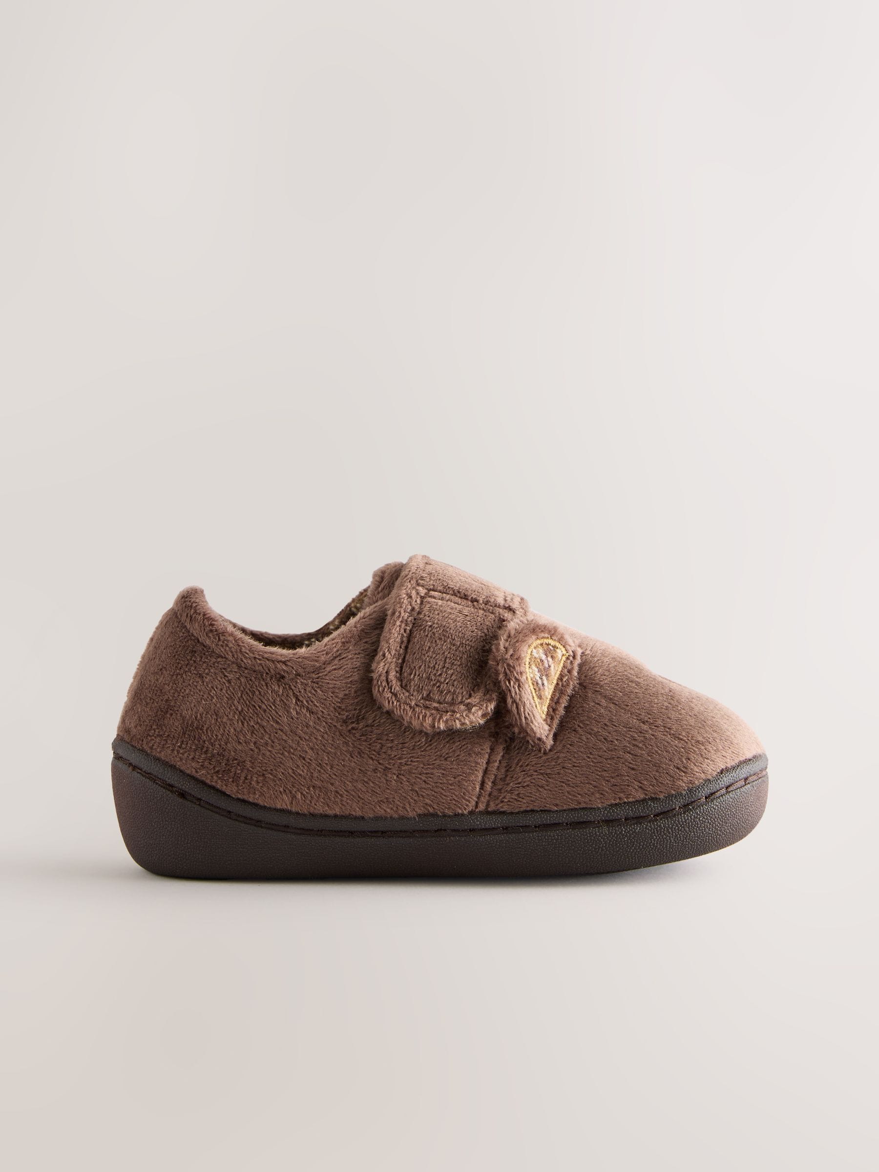 Bruin met beer - Warm gevoerde pantoffels met kuipzool