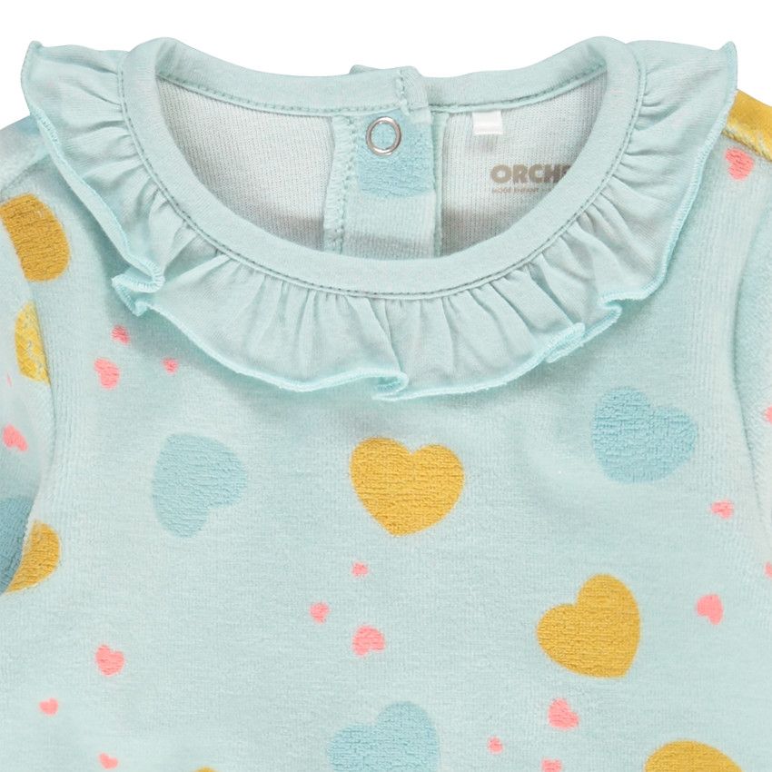 Dors-bien en velours col volanté et imprimé coeurs pour bébé fille - Bleu