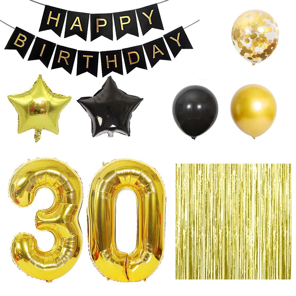(53-tlg. Set) Happy Birthday Girlande 18. Geburtstag Party Deko   Latex- und Folienballons / Konfetti Ballons / Lametta Vorhang - Gold / Schwarz