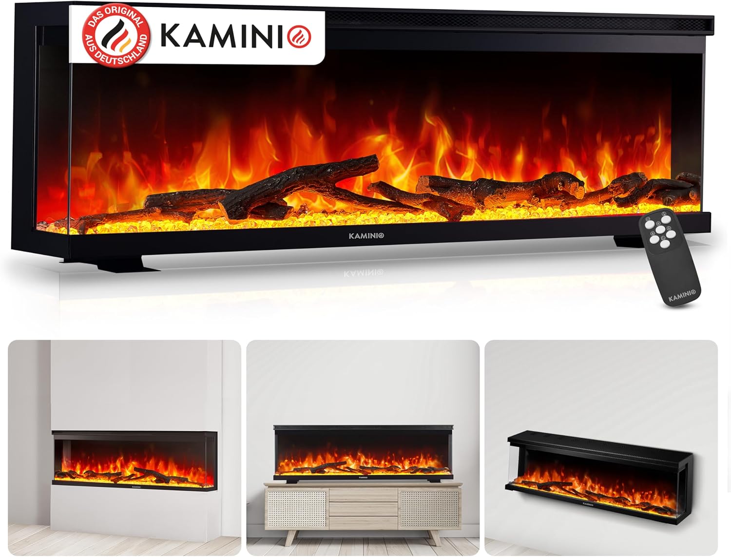 Elektrokamin LEA - Elektrischer 3-in-1 Kamin mit Panoramaview, Heizung, 3D-Flammeneffekt, 12 Flammenfarben, Fernbedienung (60 Zoll)