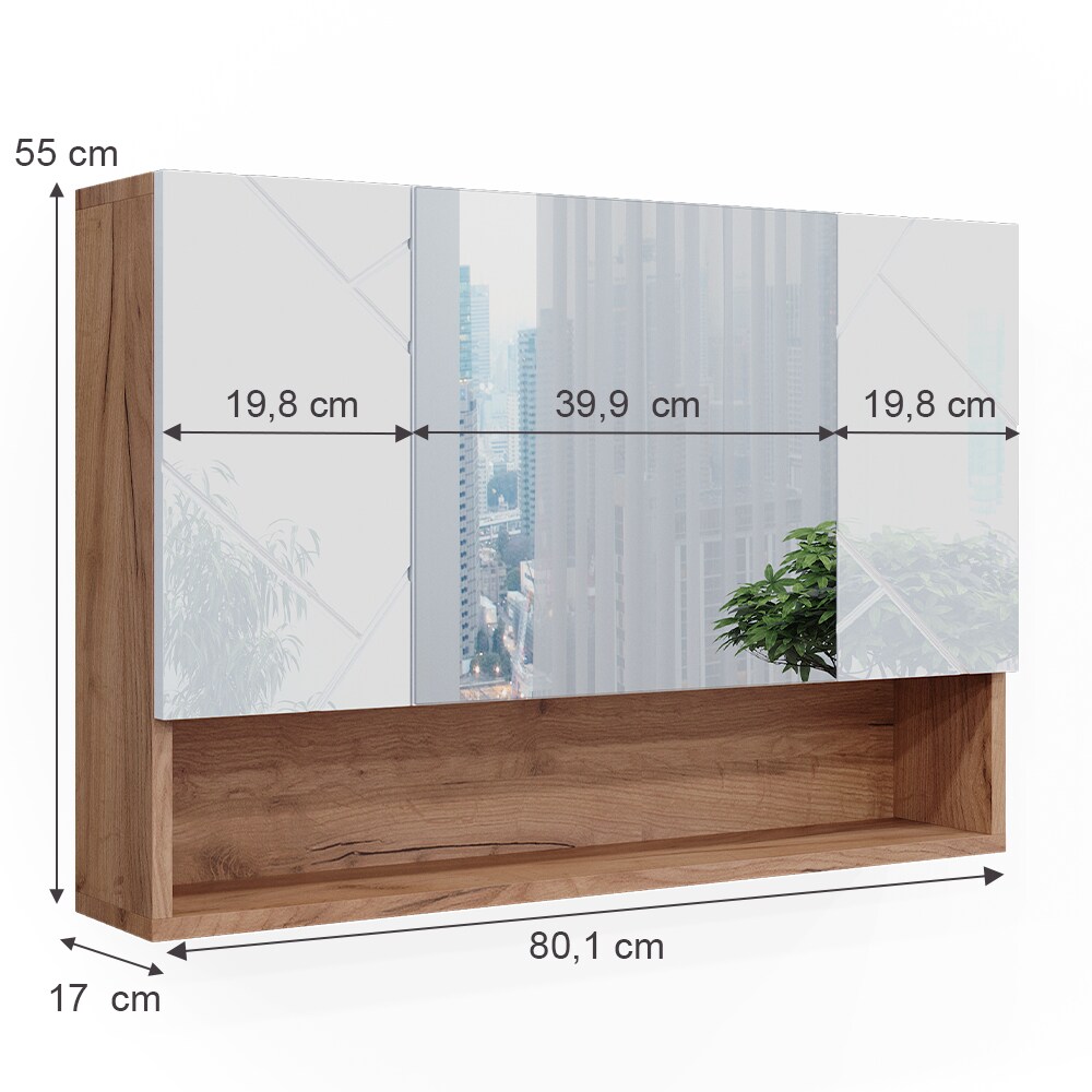 Vicco Spiegelschrank Badspiegel Wandspiegel Irma Eiche Weiß Hochglanz modern 80x55 cm Badezimmer Schrank Badschrank Badezimmermöbel Badmöbel 3 Türen