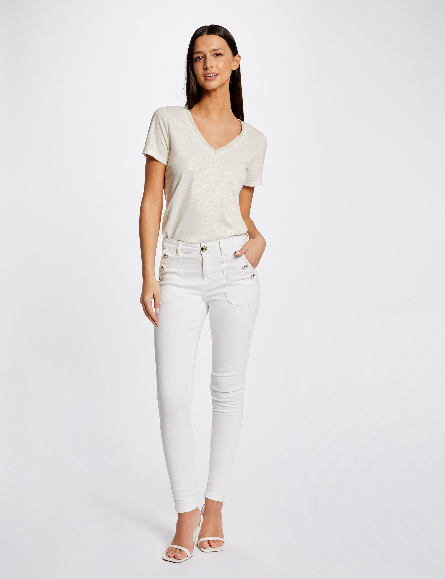 T-shirt manches courtes col en V ecru femme - ecru