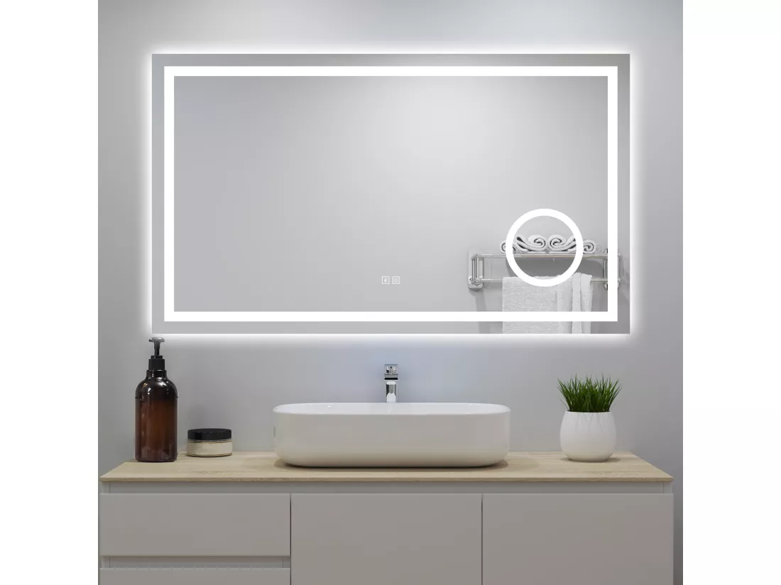Miroir Lumineux avec Bluetooth 100 x 60cm, 3 Couleurs + Dimmable + Anti-buée + grossissant 3x，Mural Miroir Salle de Bain