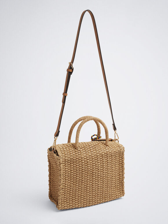 Bolsa de ombro de palha com alça removível - Bege