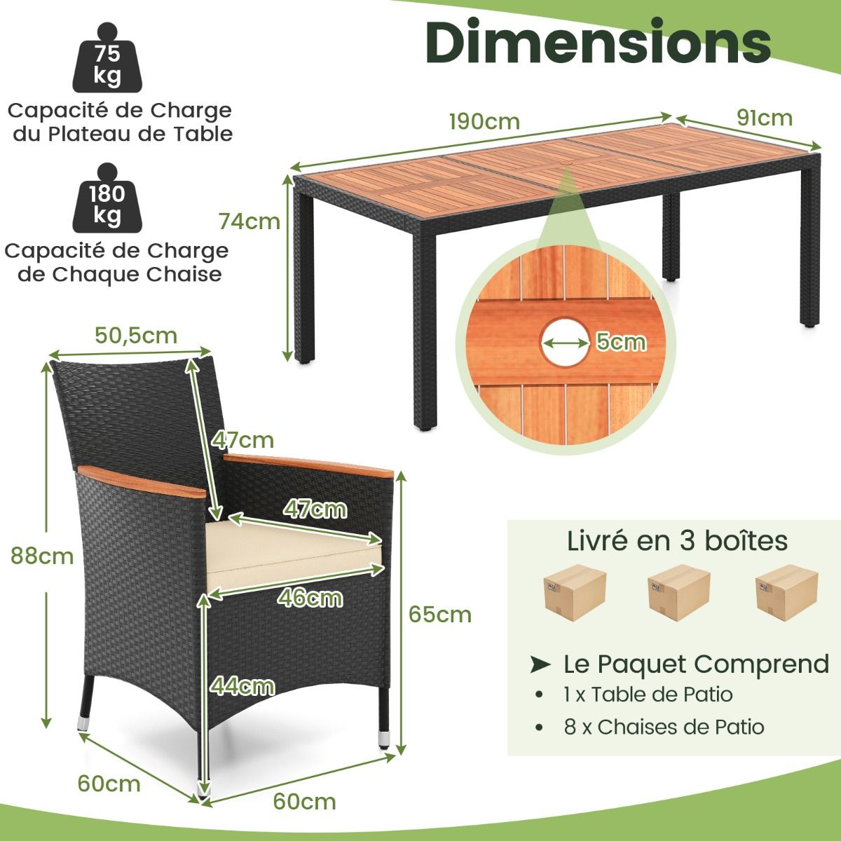 Salon de Jardin en Rotin 9 Pièces Plateau de Table en Acacia Ensemble de Salle à Manger avec Coussins Amovibles Trou Charge 180KG Beige+Noir - Lidl-Manfred