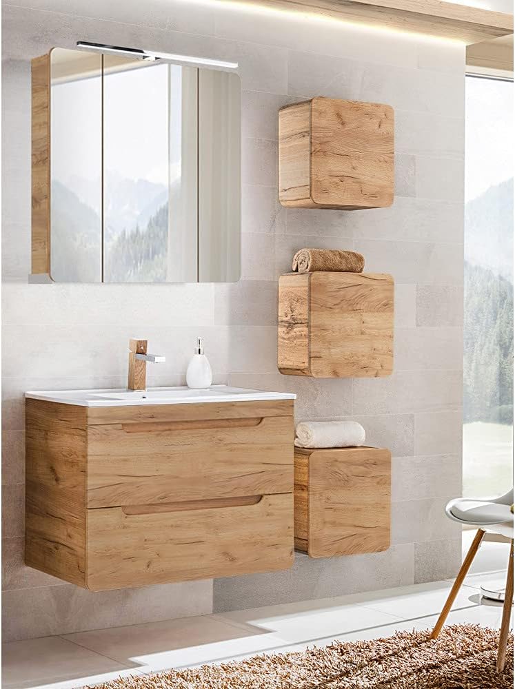 Lomadox Badezimmermöbel Set mit 81 cm Waschtisch & LED-Spiegelschrank, Wotan Eiche Nb., B/H/T ca. 130/200/46 cm