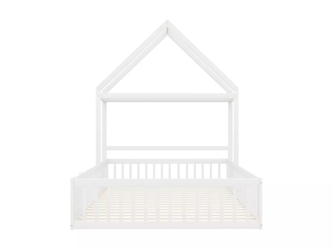 Lit enfant cabane 140x200cm en bois massif - avec tringle à vêtements - Blanc