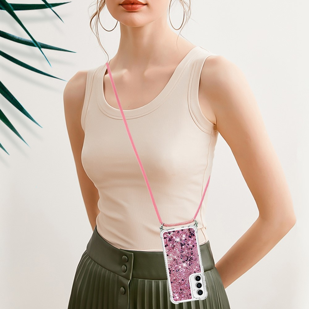 Samsung Galaxy S23 FE Necklace Gummi Hülle Liquid Glitzer   Handykette (130cm) - Pink / Roségold
