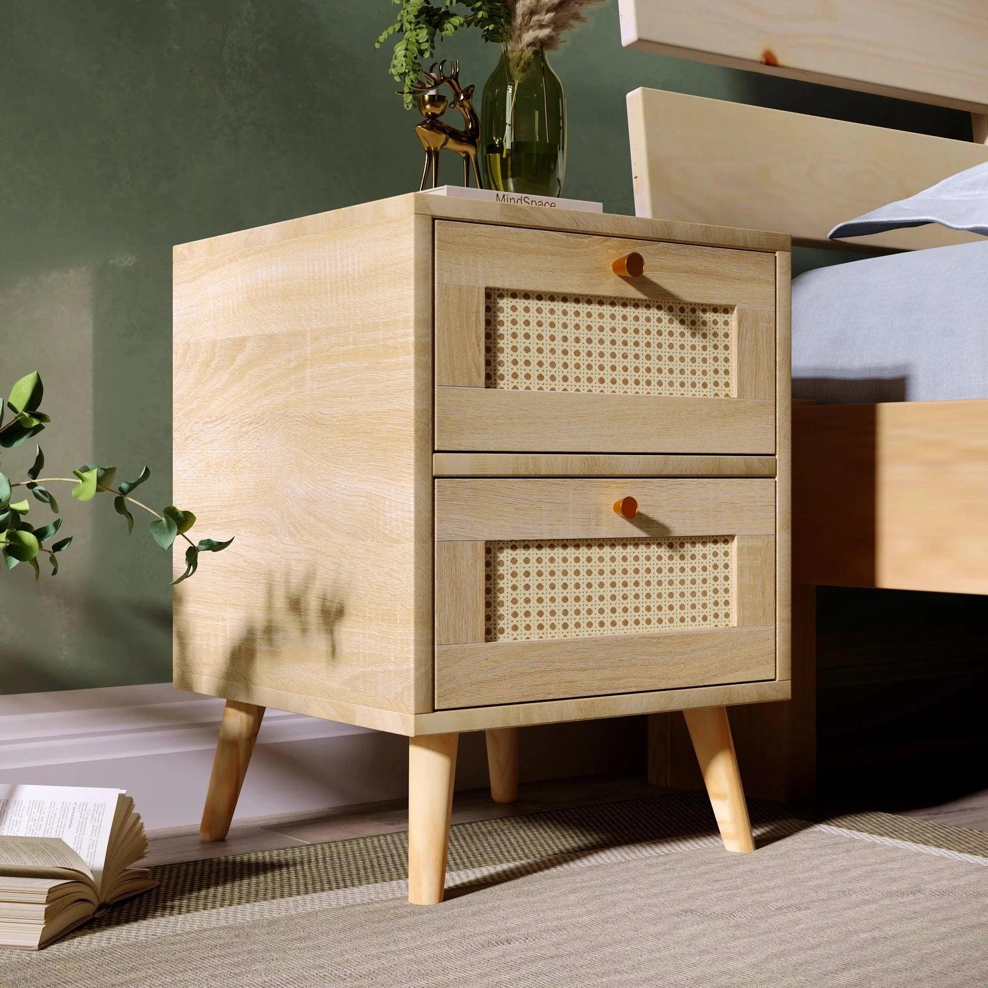 Natural Oak Rattan Night stand furniture | Wooden Sofa Bedside Table with 2 Drawers