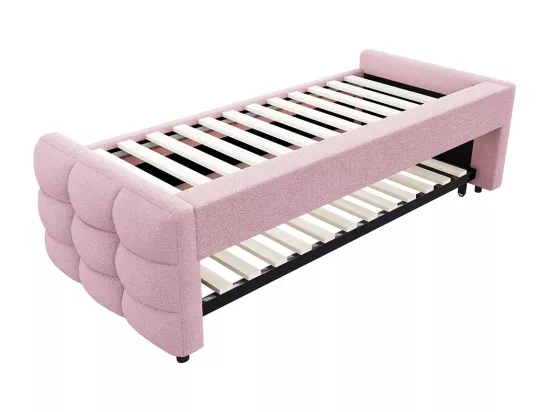 Lit gigogne 90/180x190 pouf tissu velours Teddy lit simple lit double avec sommier à lattes lit multifonction Rose