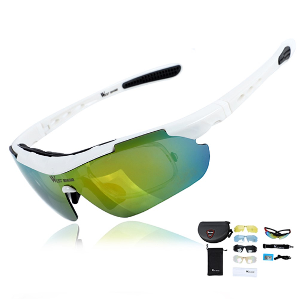 West Biking - Polarisierte UV Sportbrille Fahrrad Sonnenbrille inkl. 5 Wechselgläser   Etui - Weiss