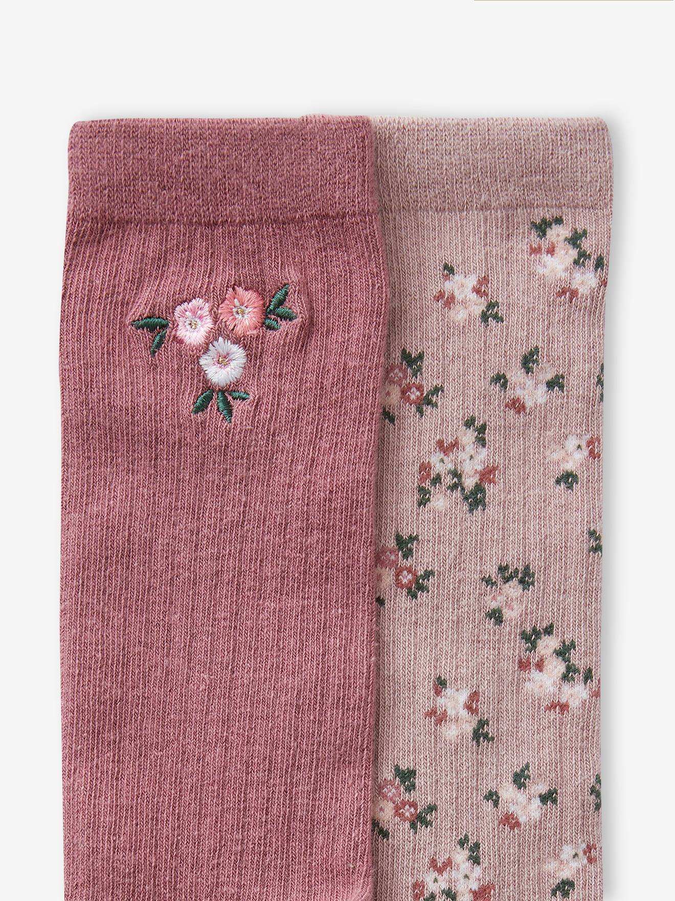 Pacote com 2 pares de meias até o joelho caneladas para meninas com flores, rosa claro.