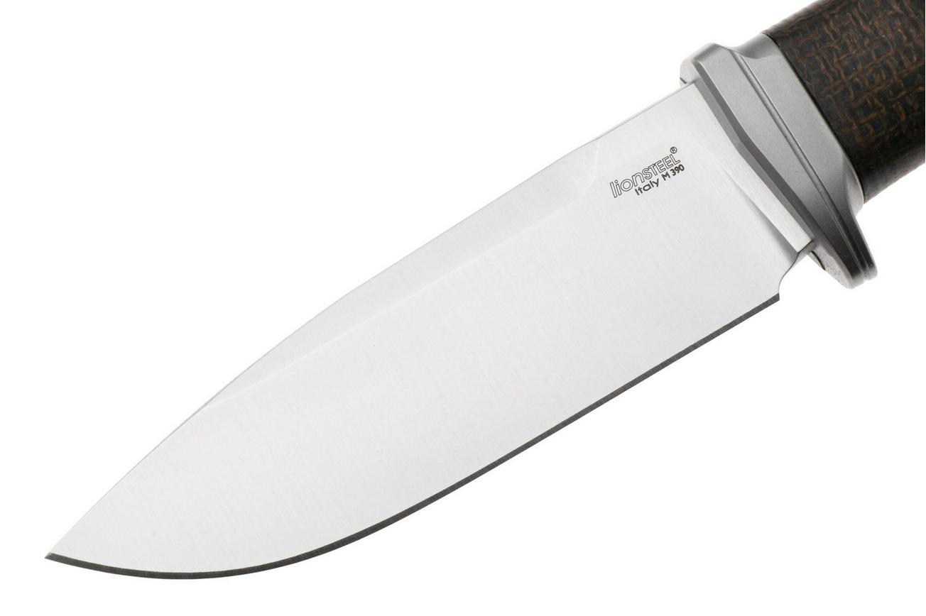 LionSteel Acha AH BLG Satin M390, Green Burlap Micarta, Titanium Guard, vaststaand mes