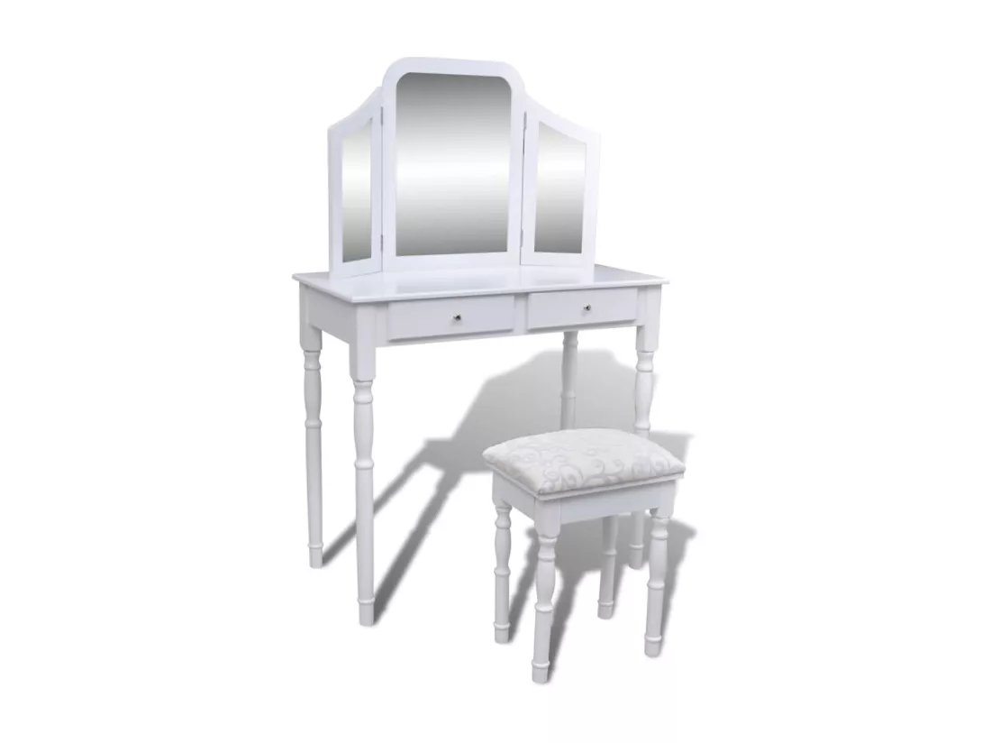 Coiffeuse avec miroir et tabouret 2 tiroirs Blanc