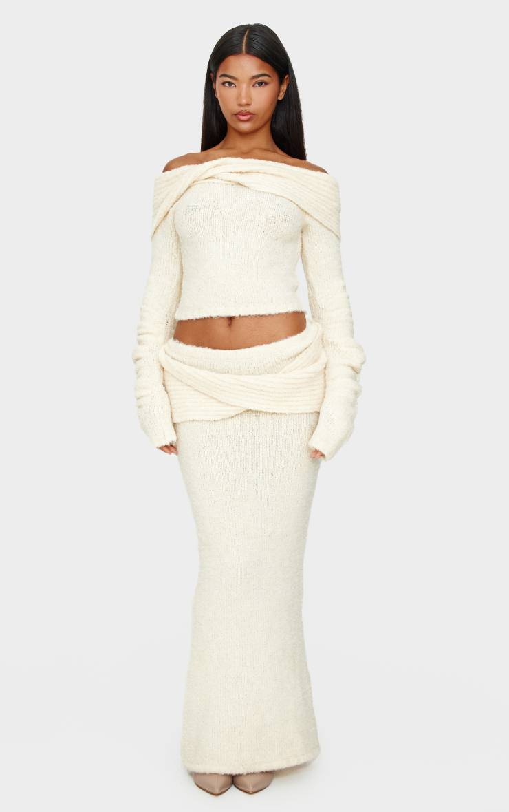 Crème Jupe Maxi En Maille Bouclette Douce À Taille Repliable