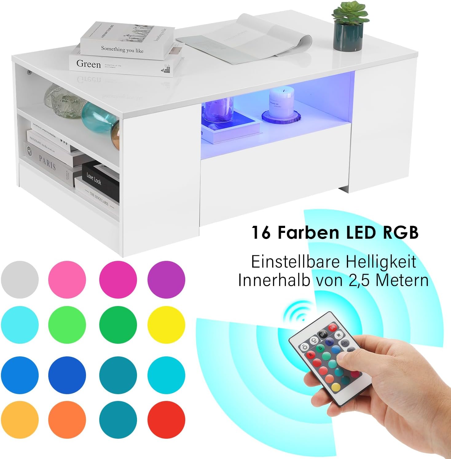 Couchtisch mit LED-Beleuchtung, Modern Sofatisch Wohnzimmertisch mit 2 Schublade, 100x55x37cm