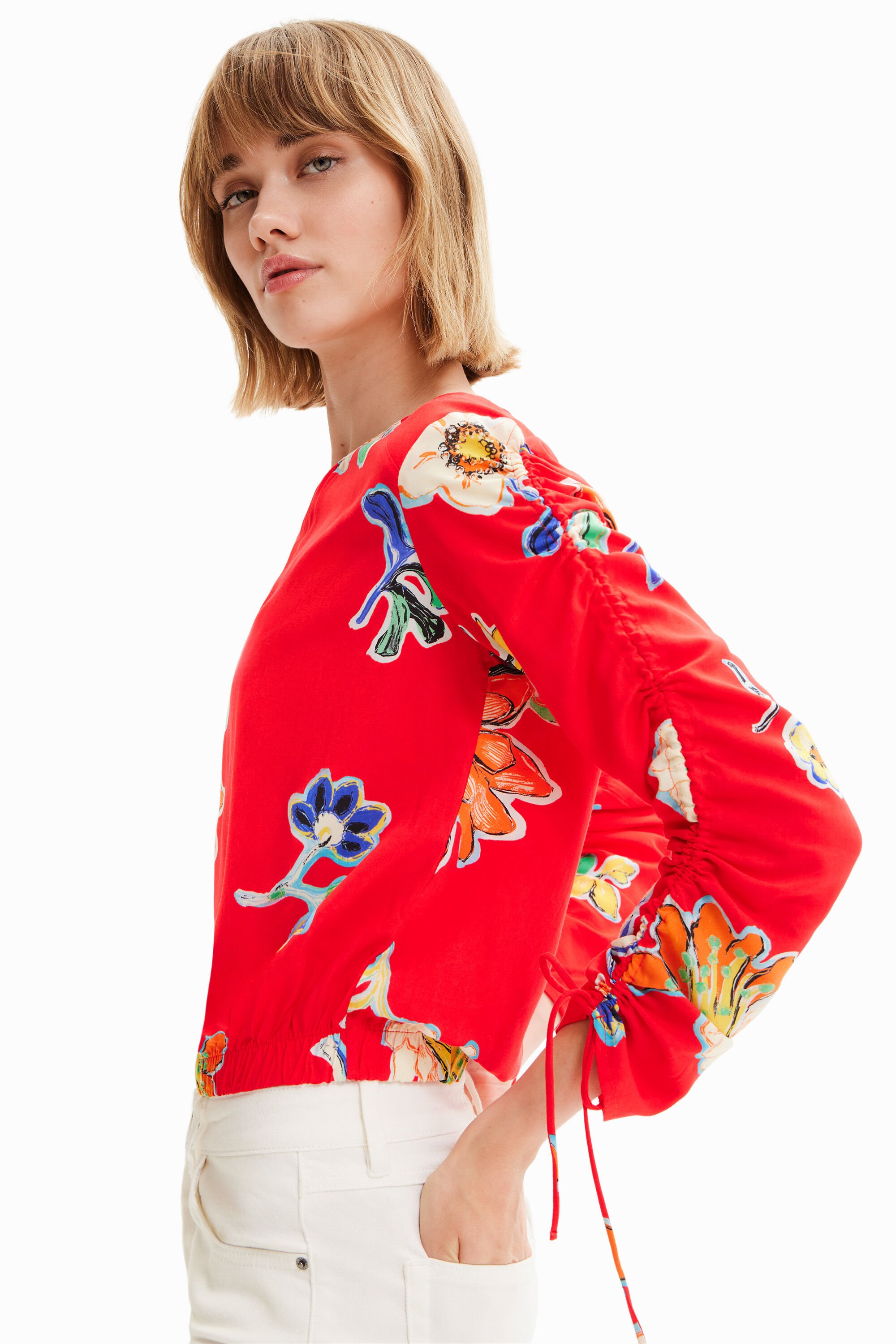Blouse courte froncée fleurs