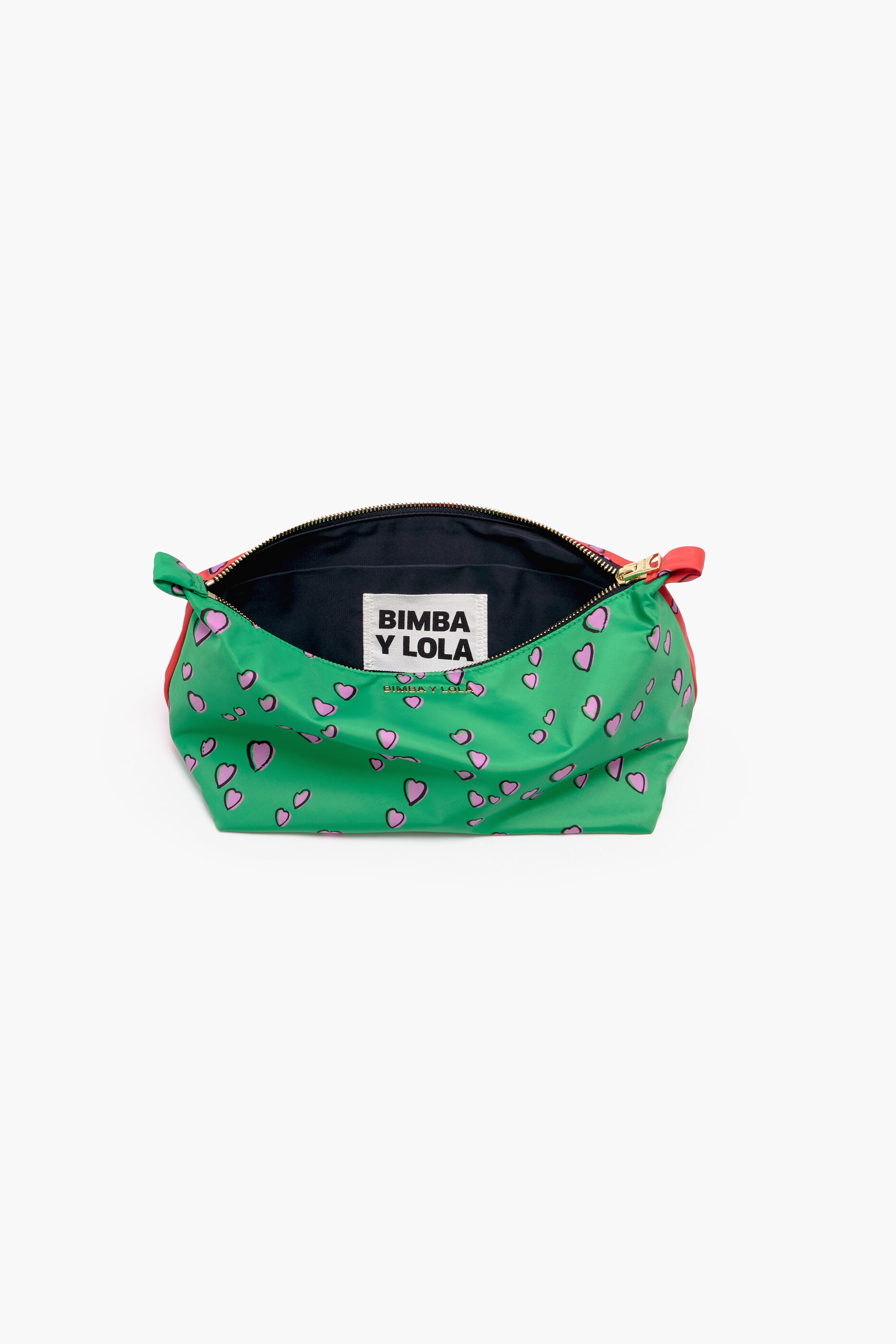 Nécessaire trapezoidal tamanho G, estampa de corações pequenos, verde