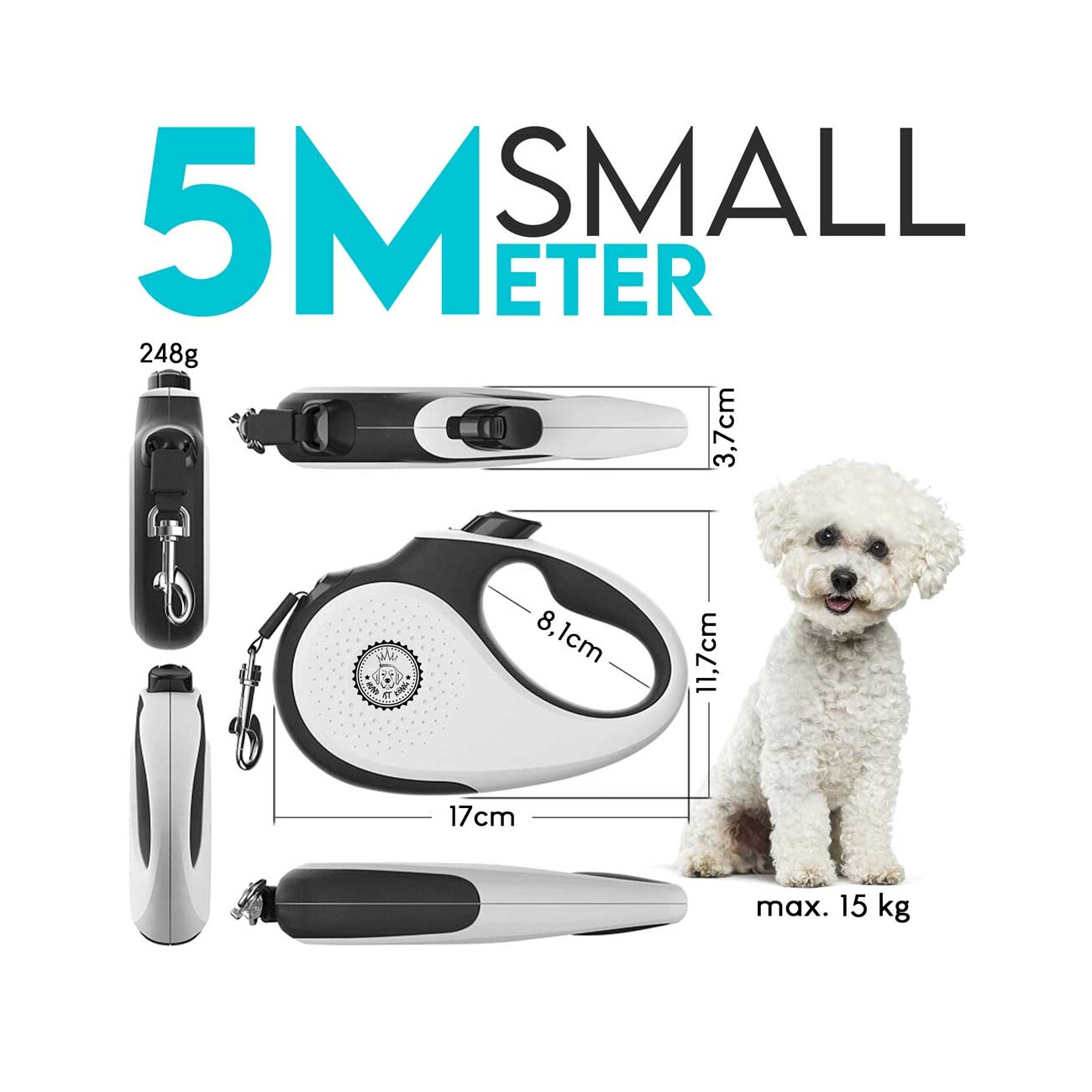 HUND IST KÖNIG Rollleine für Hunde | robuste Hundeleine für kleine & große Hunde | 15-50 kg schwarz/ weiß S