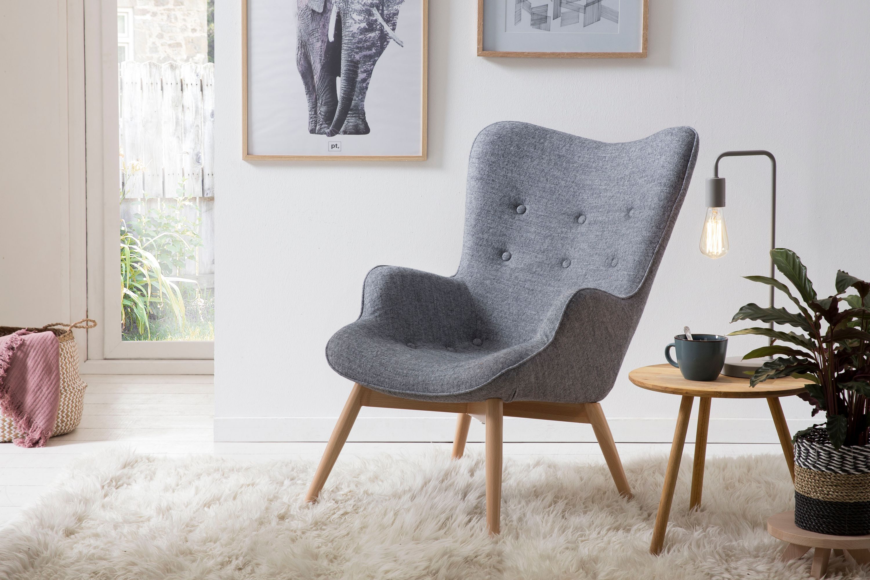 Sessel grau Webstoff Relaxsessel Polstersessel Ohrensessel Loungesessel