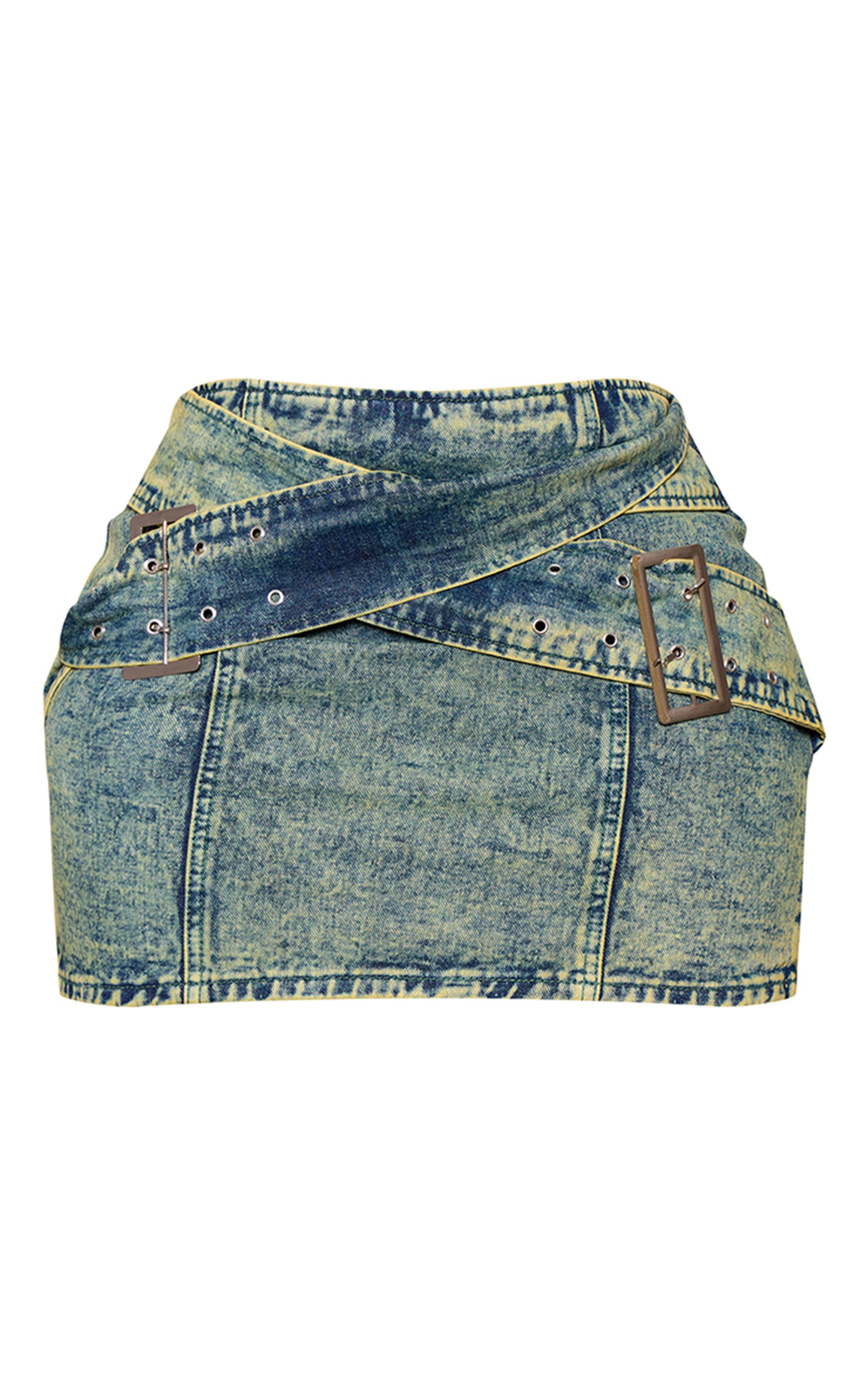 Washed Green Mini Jupe En Denim Shape Avec Ceinture