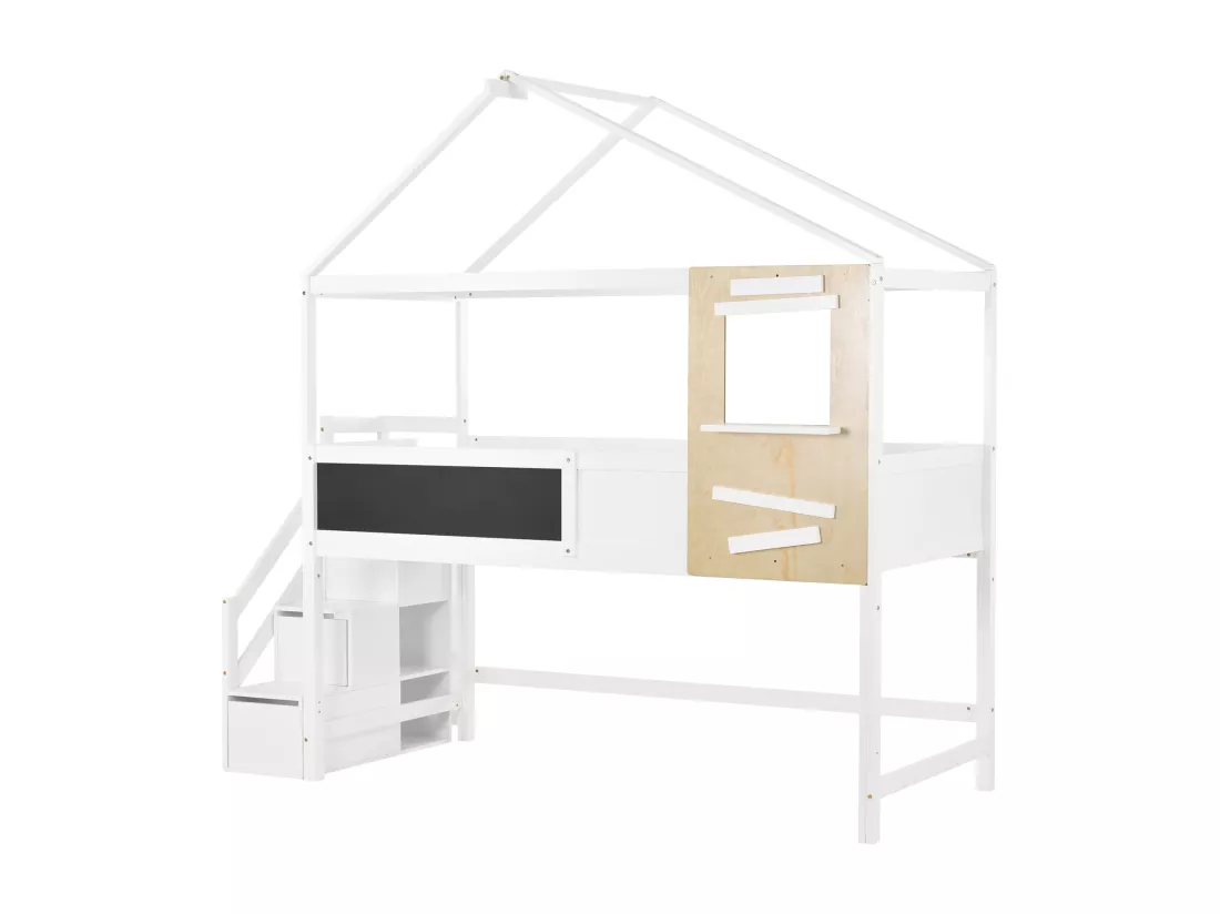 Lit cabane enfant,90x200cm,avec escalier,avec tiroirs et barrière de protection,fille,garçon,cadre en bois massif,blanc